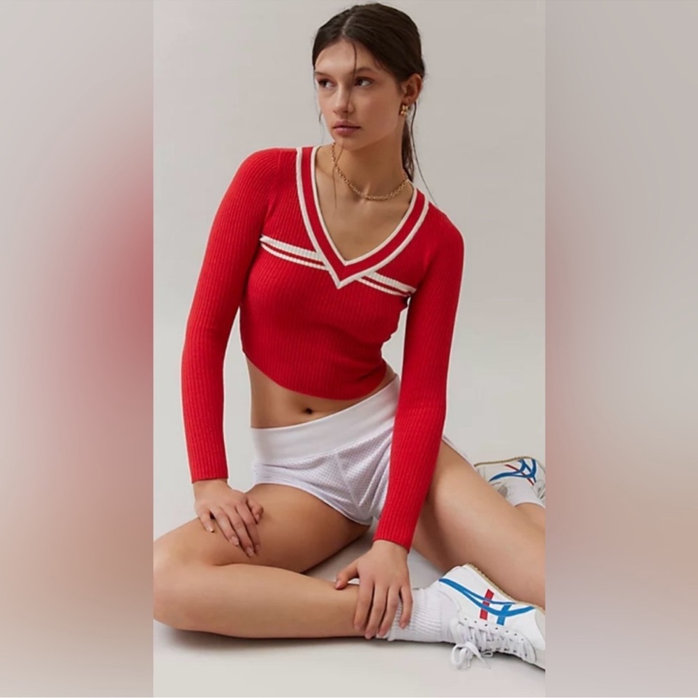 BDG Addison Red and White Ribbed V-Neck Sweater
